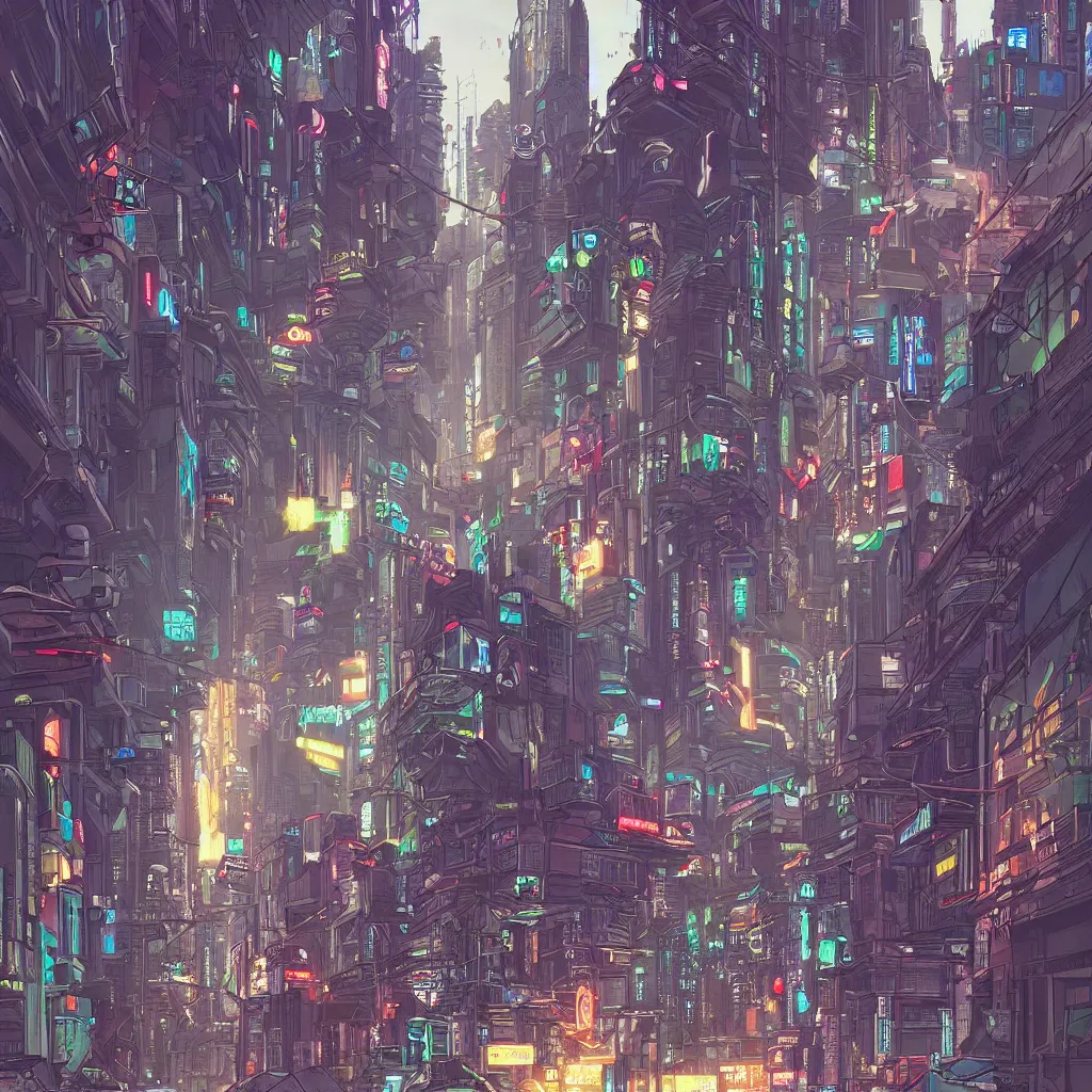 Image similar to a cyberpunk city street with robots and humans walking around, digital painting by moebius