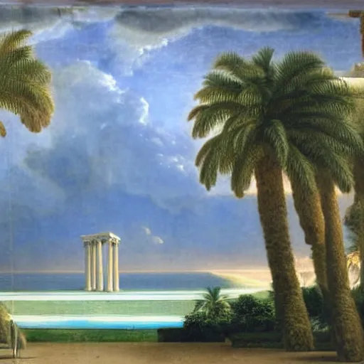 Prompt: Giant columns palace, thunderstorm, greek pool, beach and palm trees on the background major arcana sky, by paul delaroche, magazine photo from 2007, hyperrealistic 8k, very detailed