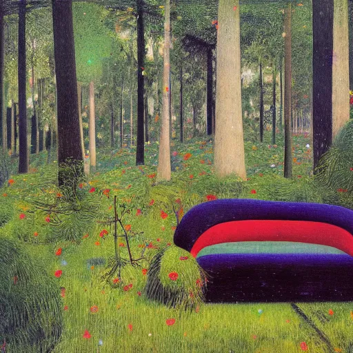 Image similar to psychedelic couch sofa in the lush pine forest, milky way, designed by arnold bocklin, jules bastien - lepage, tarsila do amaral, wayne barlowe and gustave baumann, cheval michael, trending on artstation, canada, star, sharp focus, colorful refracted sparkles and lines, soft light, 8 k 4 k