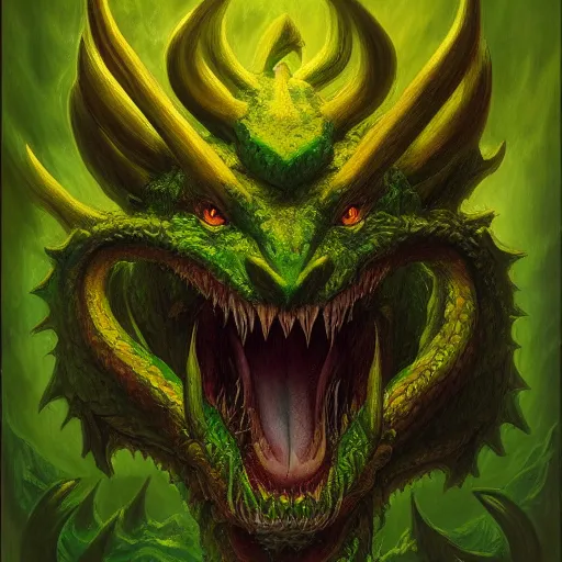 Image similar to a green and yellow dragon with large horns, a character portrait by Alex Horley-Orlandelli, deviantart, antipodeans, lovecraftian, concept art, grotesque