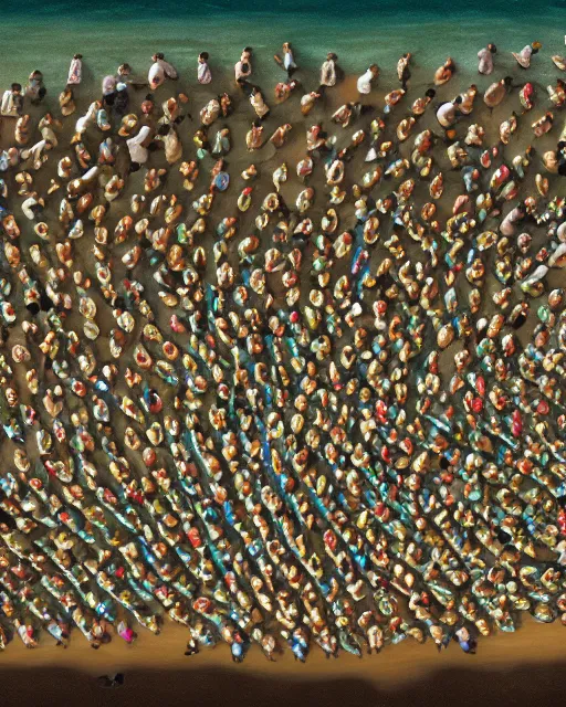 Image similar to drone photograph of the gigantic muscular body of gulliver, a young man from the early 1 7 th century, lies unconscious on a lilliputian beach, surrounded by thousands of tiny lilliputians wearing strange clothes. gulliver is dressed in early 1 7 th century male clothing designed in the style of sandy powell. hyperreal and cinematic, photorealistic, gulliver ’ s travels