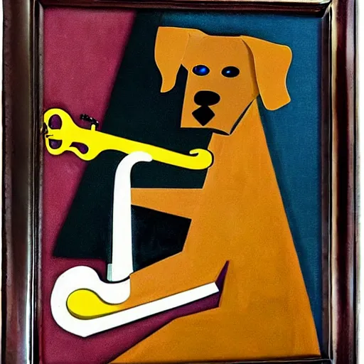 Image similar to dog playing the saxophone, sitting on the couch, medieval portrait, cubism