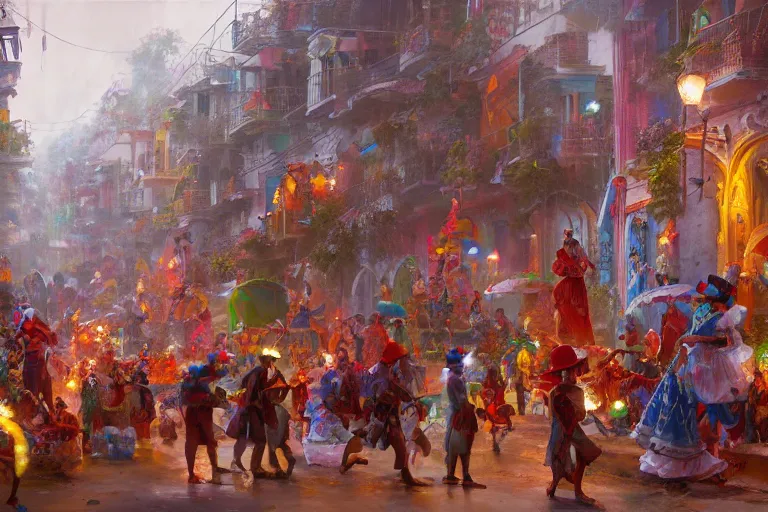 Image similar to carnaval de barranquilla colombia, thorough details, intricate, artstation, atmosphere, highly detailed, craig mullins, james jean, digital painting, deviantart, cinematic lighting, 4 k