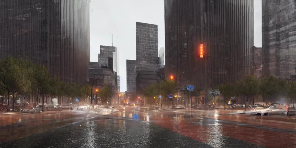 Prompt: corporate interest reshapes downtown denver with heavy rain, cinematic, ultra - realistic, ultra - detailed, octane render, unreal engine 5, depth of field