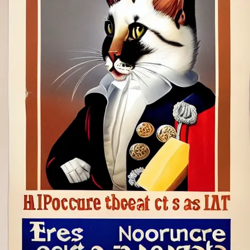 Image similar to a propaganda poster depicting a realistic looking cat dressed as french emperor napoleon holding a piece of cheese