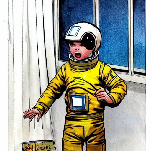 Image similar to Sergio Bleda and Jérémy Petiqueux and Alex Maleev color sketch of a boy super scientist in a retro home made astronaut suit