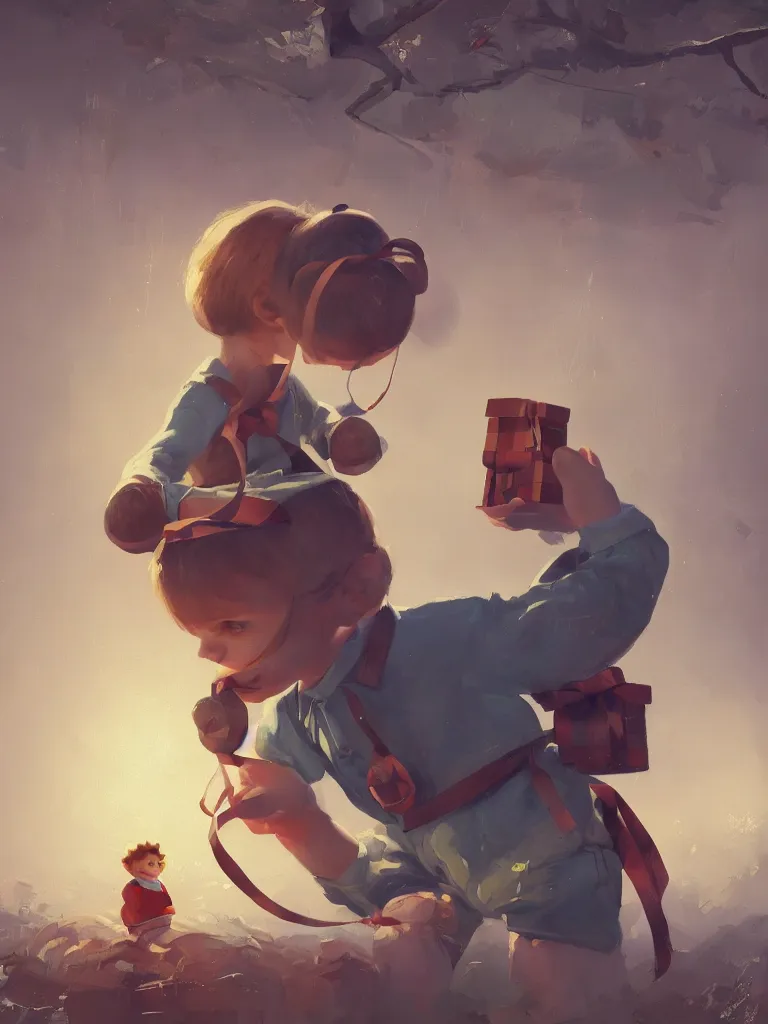 Image similar to a cute boy with a giftbox with bow and ribbon in a painting from stalenhag, 4 k, 8 k, hdr, artstation, concept art