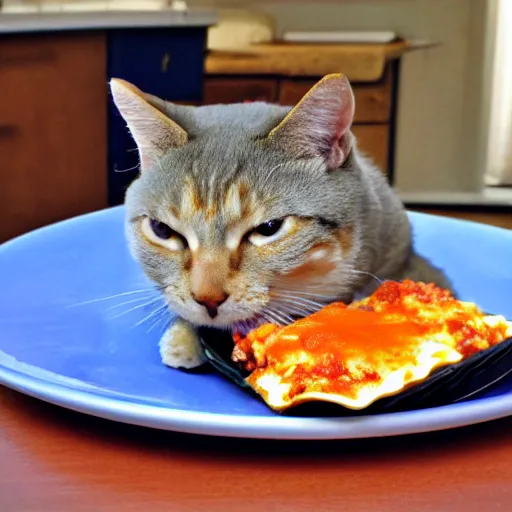 Image similar to fat orange cat eating lasagna