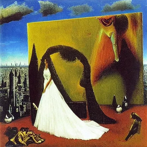 Image similar to bride falls over, oil painting by max ernst