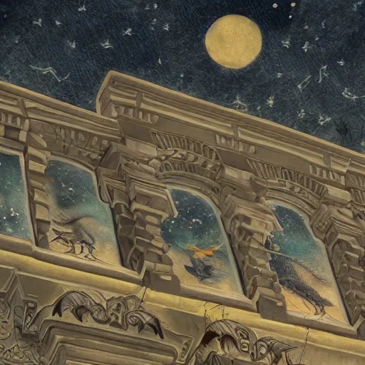 Image similar to fresco on a building, with dragon and falling stars, dark faded colors, in style of henri rousseau, highly detailed, unreal engine, photorealism