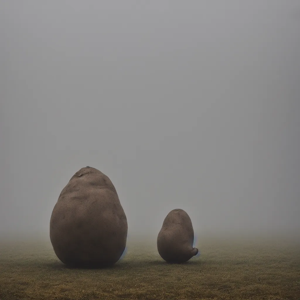 Prompt: soviet brutalism style, big sculpture of one potato in foggy field, very detailed, 4 k, professional photography