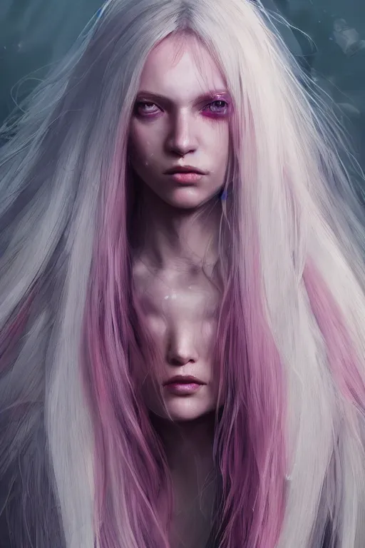 Image similar to a beautiful portrait of an attractive women with long white hair and deep pink eye colour by greg rutkowski, sung choi, mitchell mohrhauser, maciej kuciara, johnson ting, maxim verehin, peter konig, 8 k photorealistic, cinematic lighting, hd, high details, dramatic, atmosphereric, trending on artstation