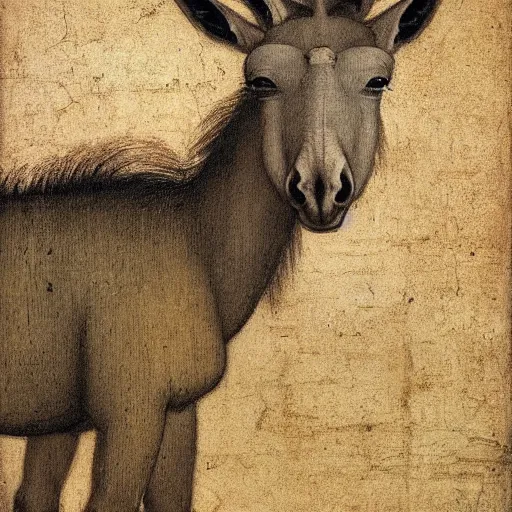Image similar to portrait of a donkey painted by Leonardo da Vinci, renaissance, head view