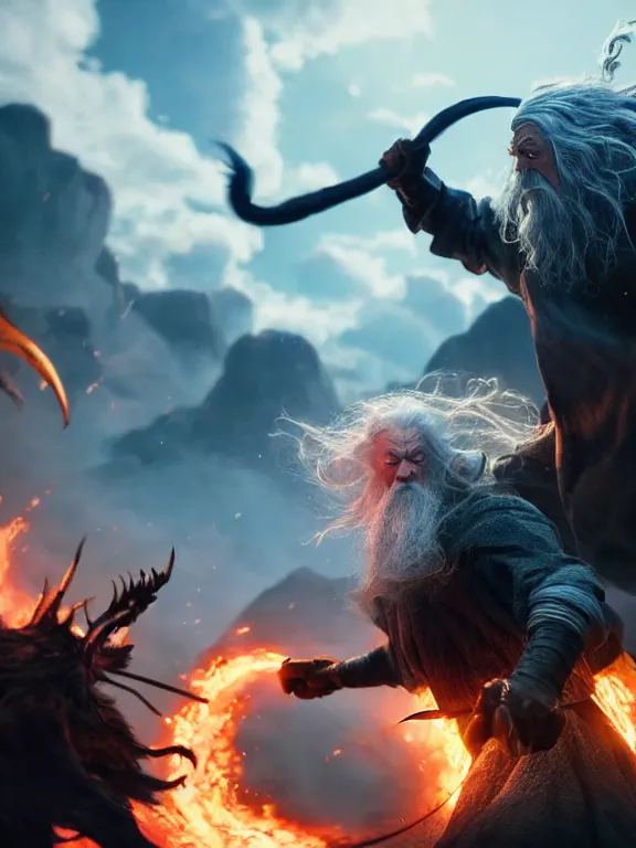 Image similar to photo of 8k ultra realistic Gandalf fighting the balrog, full of colour, cinematic lighting, battered, trending on artstation, 4k, hyperrealistic, focused, extreme details,unreal engine 5, cinematic, masterpiece, art by studio ghibli