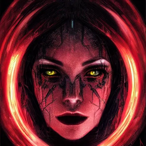 Image similar to Portrait of a dark witch using technology, dystopian, dark filaments, red glowing eyes, menacing, intimidating, frightening, intricate, headshot, highly detailed, digital painting, artstation, concept art, sharp focus, cinematic lighting, illustration, art by artgerm and greg rutkowski, alphonse mucha, cgsociety