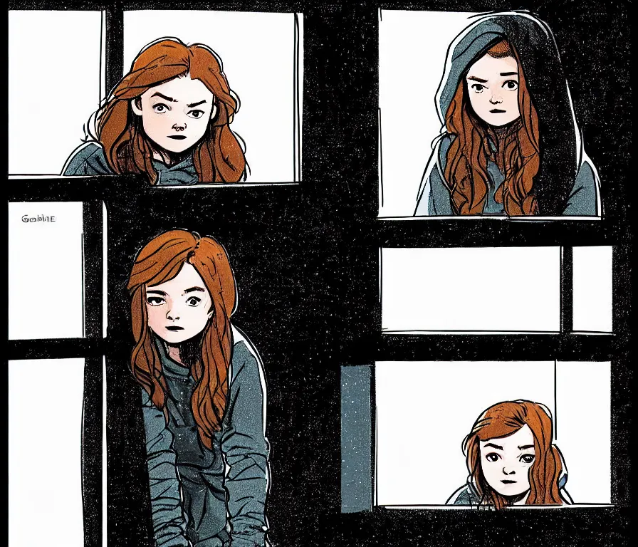 Image similar to outdoors : sadie sink in hoodie sits on windowsill, knees tucked in | rain falls at night : storyboard panel, scifi cyberpunk. by gabriel hardman, joe alves, chris bonura. cinematic atmosphere, detailed and intricate, perfect anatomy