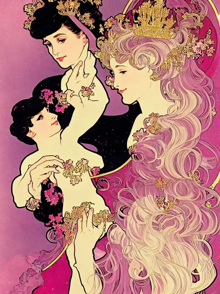 Prompt: Queen story hour aboard the USS Enterprise Glamourous Beauty Sparkles Glitter Feminine Pink In the style of Alphonse Mucha