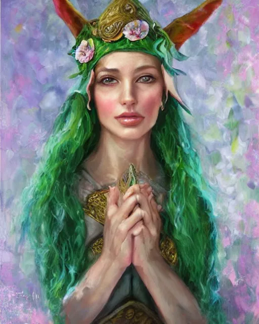 Image similar to Jeffrey Epstein as a beautiful elf princess, oil painting, by laura sava