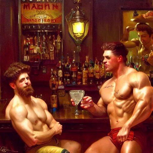 Image similar to attractive muscular mike wearing pants with dark red hair with muscular attractive tyler with brunet hair, wearing pants drinking their hearts out, in a pub. very defined and highly detailed painting by gaston bussiere, j. c. leyendecker, craig mullins 8 k