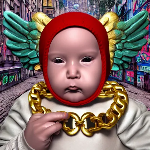 Image similar to a high tech 3 d rendering of a a baby cherub angel wearing a balaclava mask, ski mask, face covered, covered face, fixed eyes, gucci, supreme, chanel, tattoos, multiple gold cuban chain necklace, graffiti in background, cinema 4 d render