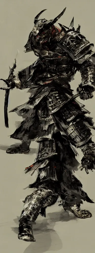 Image similar to Concept art of a dog in samurai armor, surrounded by black smoke, smoky, full body wuxia, Wudang Swordmanship by Chen Uen, art by Yoji Shinkawa, 4k