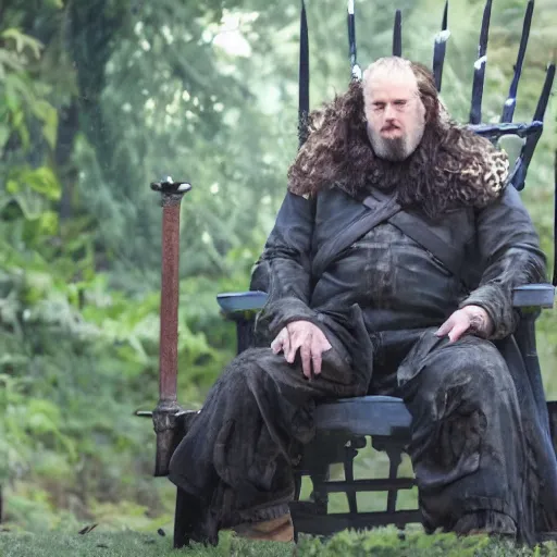 Image similar to Hurley from Lost sitting on the Iron Throne