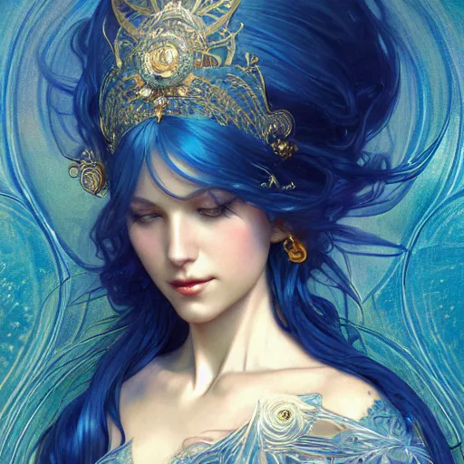 Image similar to goddess, blue hair, intricate, elegant, ethereal, highly detailed, retro, digital painting, artstation, concept art, smooth, sharp focus, full body shot, illustration, art by artgerm and greg rutkowski and alphonse mucha