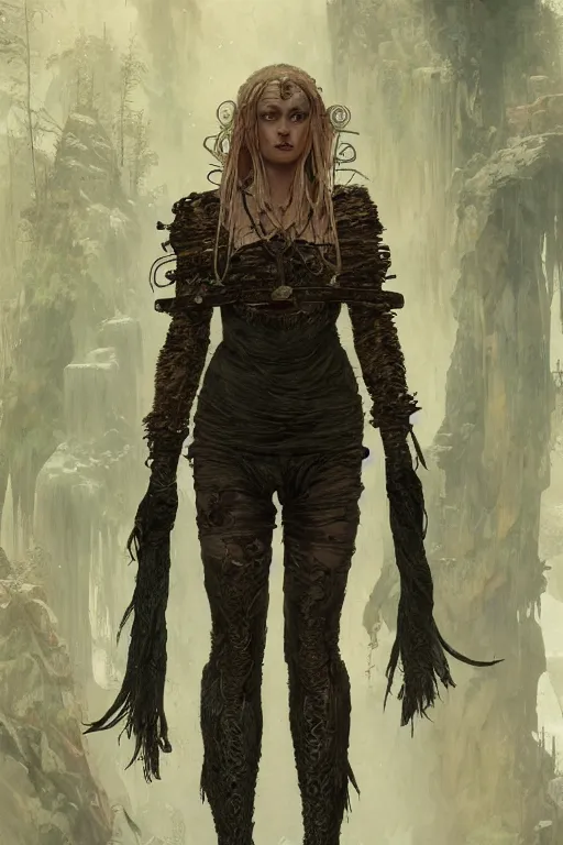 Image similar to a full body portrait of a beautiful post apocalyptic offworld nordic necromancer swimming by the waterfalls, intricate, elegant, highly detailed, digital painting, artstation, concept art, smooth, sharp focus, illustration, art by krenz cushart and artem demura and alphonse mucha