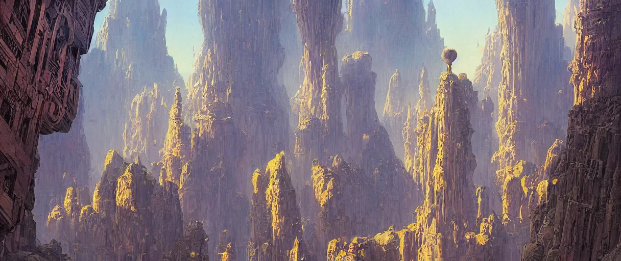 Prompt: A beautiful illustration of a domed retro futuristic city of towers and walkways built across a massive bottomless canyon on a surreal alien world by Robert McCall | Daniel Merriam:.5 | sparth:.2 | Time white:.2 | Rodney Matthews:.2 | Graphic Novel, Visual Novel, Colored Pencil, Comic Book:.2 | unreal engine:.6 | first person perspective:.6 | establishing shot:.7