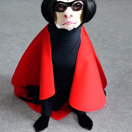 Prompt: Edna Mode wearing a cape and looking unhappy about it