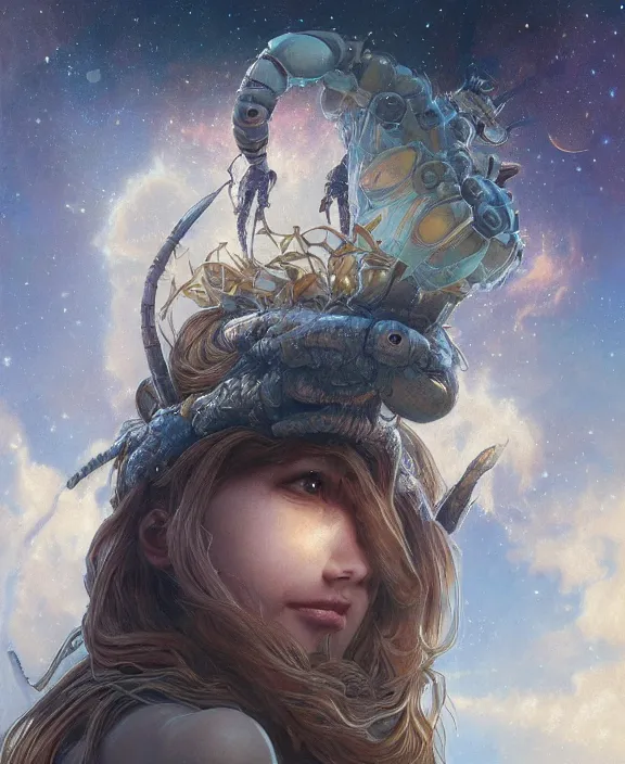 Image similar to portrait of a shining adorable insect alien monster, milky way environment, ultra realistic, concept art, intricate details, eerie, highly detailed, photorealistic, octane render, 8 k, unreal engine. art by artgerm and greg rutkowski and alphonse mucha