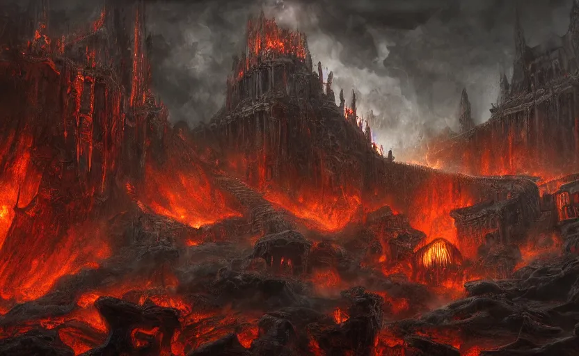 Image similar to a detailed matte painting of the most surreal haunting depiction of hell, in the style of doom eternal, dantes inferno, dark souls, trending on artstation, highly detailed, digital painting, concept art, unreal engine, 4 k wallpaper