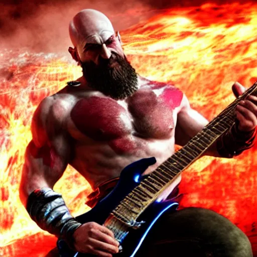Image similar to kratos shredding on a flaming stratocaster guitar, cinematic render, god of war 2 0 1 8, santa monica studio official media, lightning, spartan rage, red stripe eye