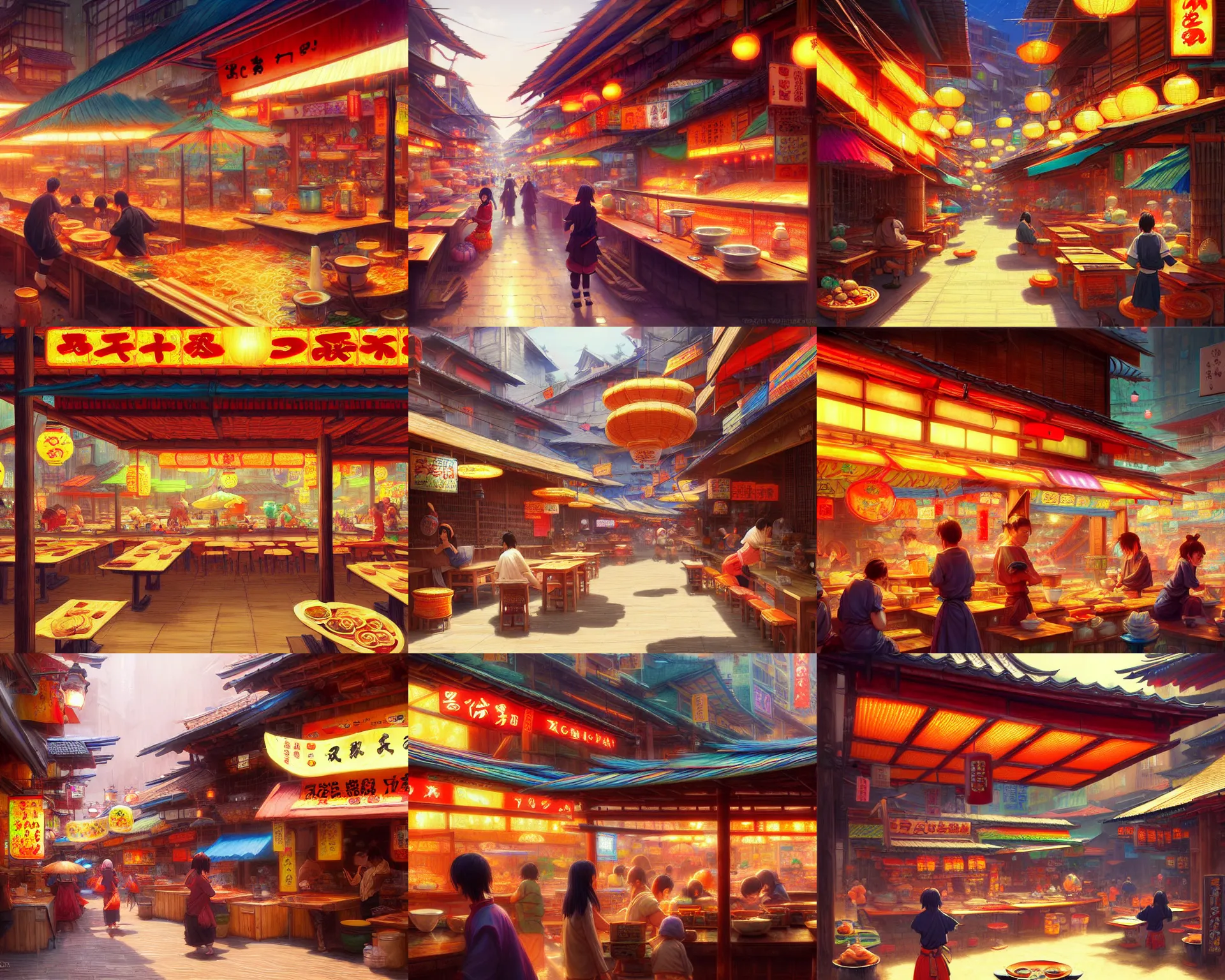 Prompt: ramen shop in a colorful marketplace in a great kitsune city, bamboo, anime, a fantasy digital painting by greg rutkowski and james gurney, trending on artstation, highly detailed