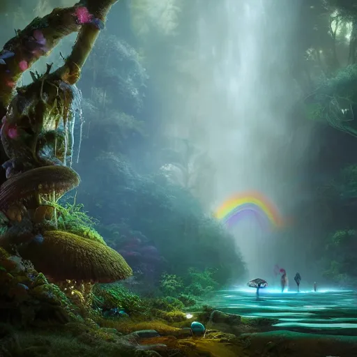 Image similar to tom bagshaw, soft painting render curiosities carnival pond river vegetation rocks gigantic mushrooms covered moss scintillating bioluminescent wisps, beautiful miniature silhouettes waterfall rainbow wildlife, accurate features, focus, very intricate ultrafine details, random volumetric lighting, fog, award winning masterpiece, octane render 8 k hd, artstation