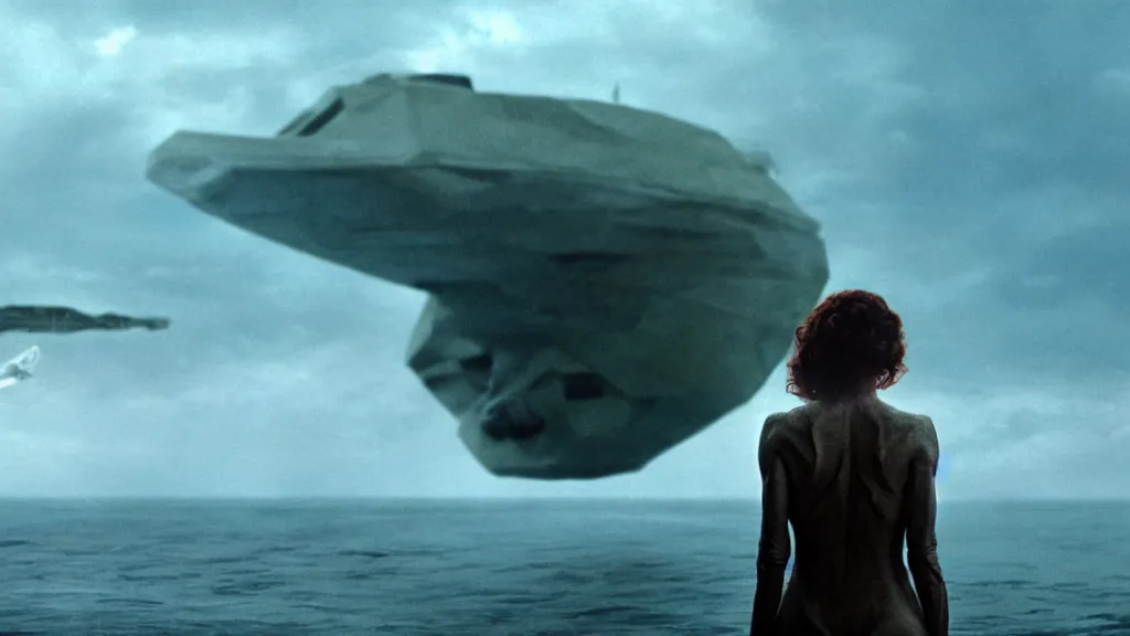 Prompt: photo of Helen McCrory coming out of the ocean, extreme detailed face, spaceship flying on the background, film still from the movie directed by Denis Villeneuve with art direction by Zdzisław Beksiński, wide lens
