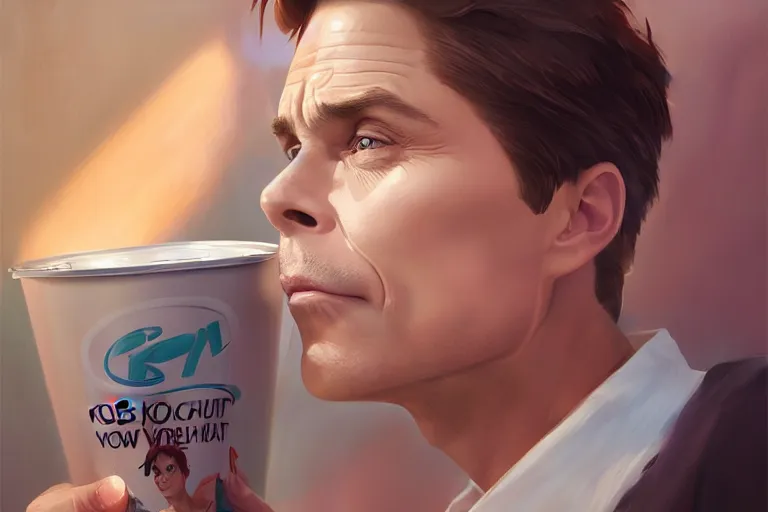 Prompt: rob lowe face in a yogurt cup, dairy aisle at grocery store, charlie bowater, artgerm, ilya kuvshinov, krenz cushart, ruan jia, realism, ultra detailed, 8 k resolution