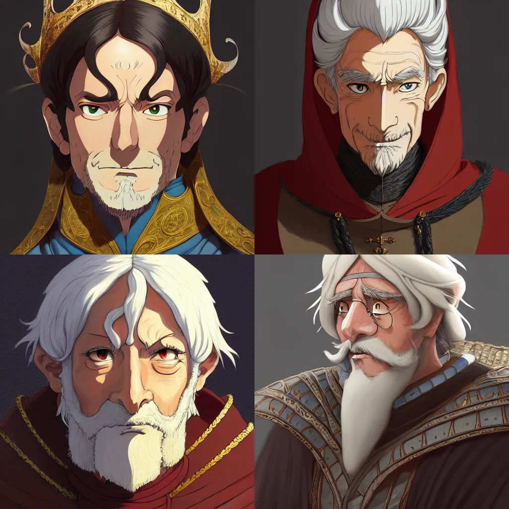 Prompt: portrait of a medieval old king, artstation, cartoon, elegant, highly detailed, digital painting, clean! outstanding! art by ghibli, makoto shinkai!!, don bluth, fujita goro, giraud!!, akihiko yoshida!, fadeev 8 k