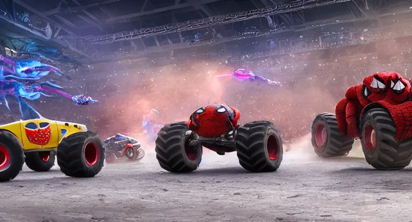 Image similar to a Unicorn monster truck and a Spiderman monster truck in an arena with cheering fans, concept art by Doug Chiang cinematic, realistic painting, high definition, digital art, symmetrical, very detailed, extremely high detail, photo realistic, concept art, unreal engine 5,