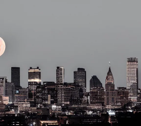 Image similar to a silhouette of a city skyline, giant moon behind city, centered, bleak, long shot, moon is centered