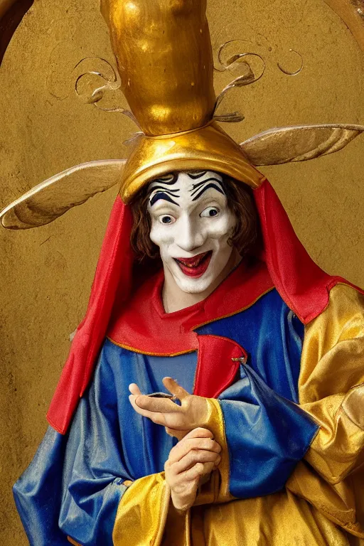 Prompt: An angelic jester from medieval court, uplifting lighting, establishing shot, detailed and clear beautiful realistic faces, 8k resolution, whimsical – W 768