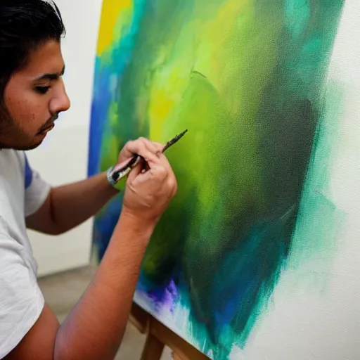 Prompt: A young male Latino artist painting a plain green picture on canvas