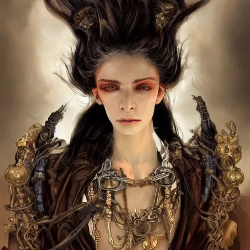 Image similar to portrait, headshot, insanely nice hair style, dramatic hair color, digital painting, of a old 17th century, old cyborg merchant, amber jewels, baroque, ornate clothing, scifi, realistic, hyperdetailed, chiaroscuro, concept art, art by Franz Hals and Jon Foster and Ayami Kojima and Amano and Karol Bak,