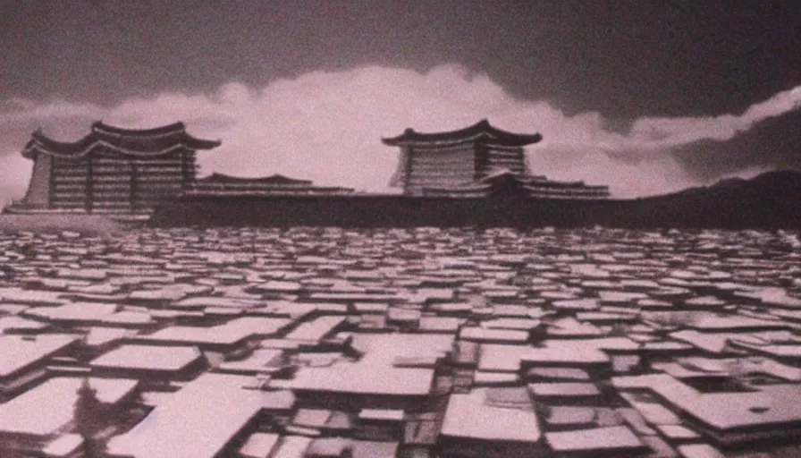 Image similar to a film still of a north korean monster movie, kaiju - eiga monster starfish - like over traditional korean palace, film noir, video compression, ripple effect