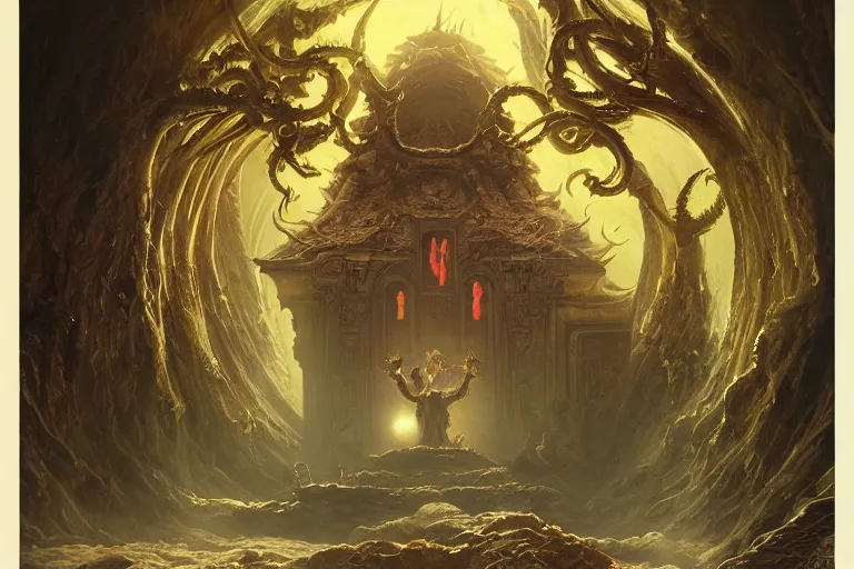 Image similar to a lovecraftian painting of a demonic shrine, occult, demon summoning, hell gate, cosmic horror elements, ultra realistic, concept art, intricate details, eerie, highly detailed, photorealistic, octane render, 8 k, unreal engine. art by artgerm and greg rutkowski and alphonse mucha