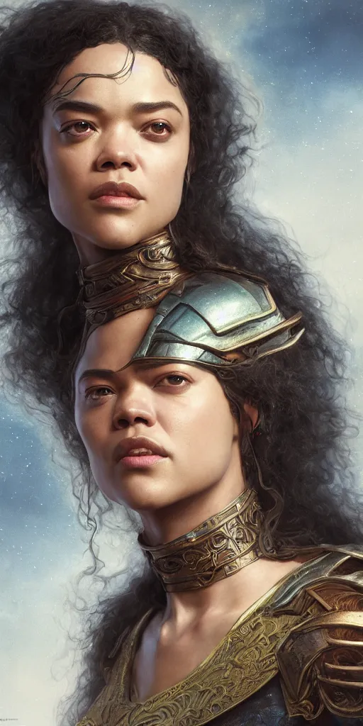 Image similar to tessa thompson, beautiful fantasy warrior princess, dungeons and dragons, masterpiece by edgar maxence and ross tran and michael whelan, gustav dore, 8 k, octane render