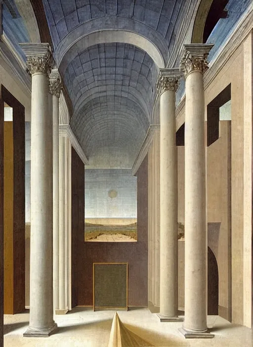 Image similar to renaissance sharp painting of a ethereal room with pastel colors room in central perspective, checkered floor and bright colors in the style of piero della francesca