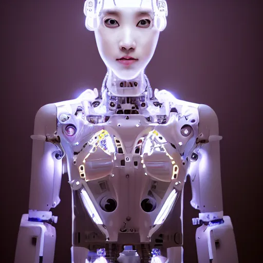 Prompt: beautiful centered fine art photo portrait of hoyeon jung as a solarpunk robotic humanoid withwhite mechanical parts with led lights, rising from water, ultra - detailed and intricate, white background, sun lighting, soft focus, slow exposure hdr 8 k