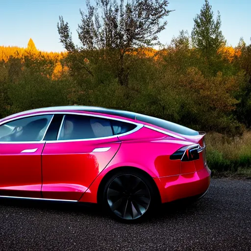 Prompt: a tesla car in central Oregon at sunset