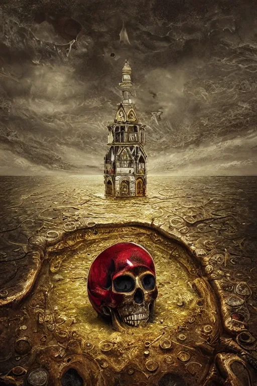 Image similar to immaculate painting of A Beautiful fine detailed gold and red and black dome made of huge skull in the swamp iIlusion by erik johansson micro detailing